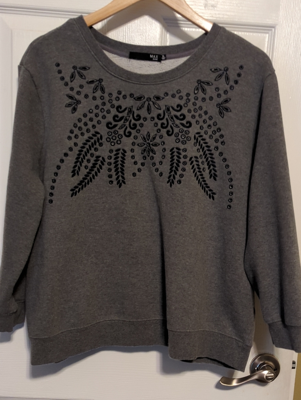 Max Studio Gray Crewneck Sweatshirt with Black Embroidered Cutout Detail